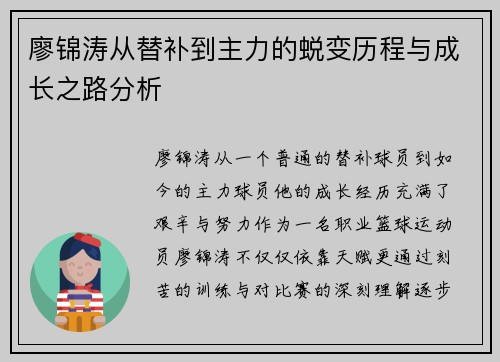 廖锦涛从替补到主力的蜕变历程与成长之路分析