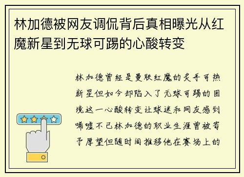 林加德被网友调侃背后真相曝光从红魔新星到无球可踢的心酸转变